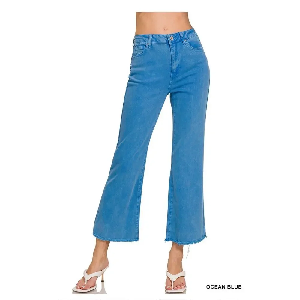 Zenana - Acid Wash High Waisted Frayed Hem Boot Cut - Large